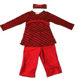 Bebemonde 3pc Silk Girls Christmas Outfit w/Headband Tunic Pants Rosettes sz 4